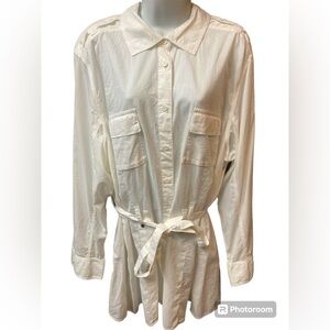 Talbots Woman 3X White Cotton, Long Sleeve Blouse, Mini Dress Shirt